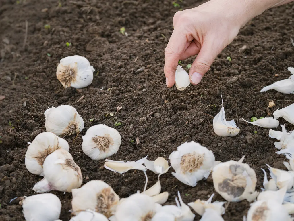 A close-up of garlic cloves being planted into rich, dark soil for a fall harvest.