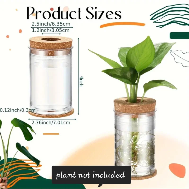 4in Desktop Hydroponic Propagation Vase - Clear Plastic Planter with Cork Lid & Coaster - Image 3