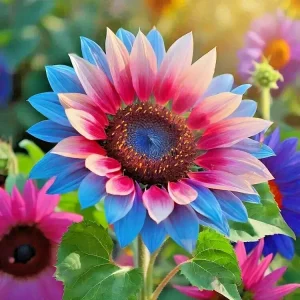 50pcs Rare Twin-Blossom Blue Over Pink Sunflower Seeds - Unique Heirloom Variety Annual - Image 1