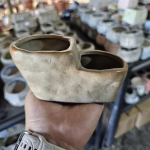 Rustic Ceramic Double Planter Pot for Succulents Indoor Plants - Image 3