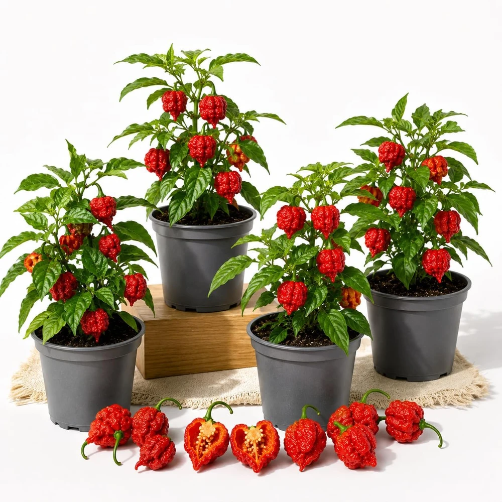 4 Carolina Reaper Pepper Live Plants - Hot Chili Peppers for Home Garden, 4-6 Inch Tall - Image 1