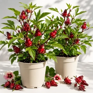 Roselle Hibiscus Live Plant - Set of 2 Starter Plants, 4-8 Inch Tall, Outdoor - Image 1