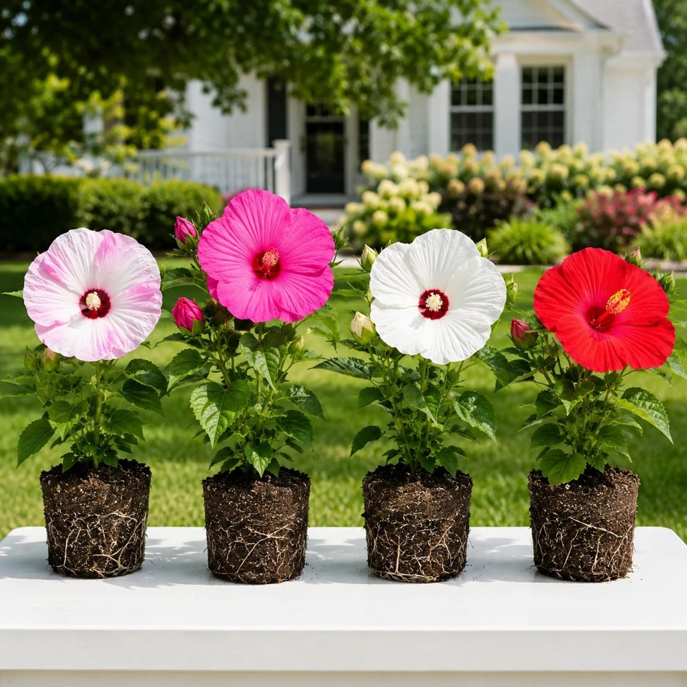 Set 4 Mixed Hibiscus Live Plant, Hardy Tropical Flower Shrub, 4-8 Inch Tall - Image 1