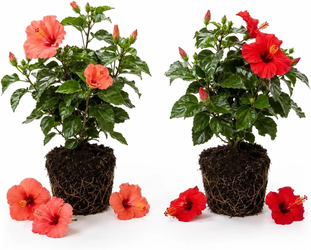 Set of 2 Mixed Hardy Hibiscus Live Plants, 4-7 Inches Tall, Perennial Flowering Shrubs for Outdoor Gardens - Image 1