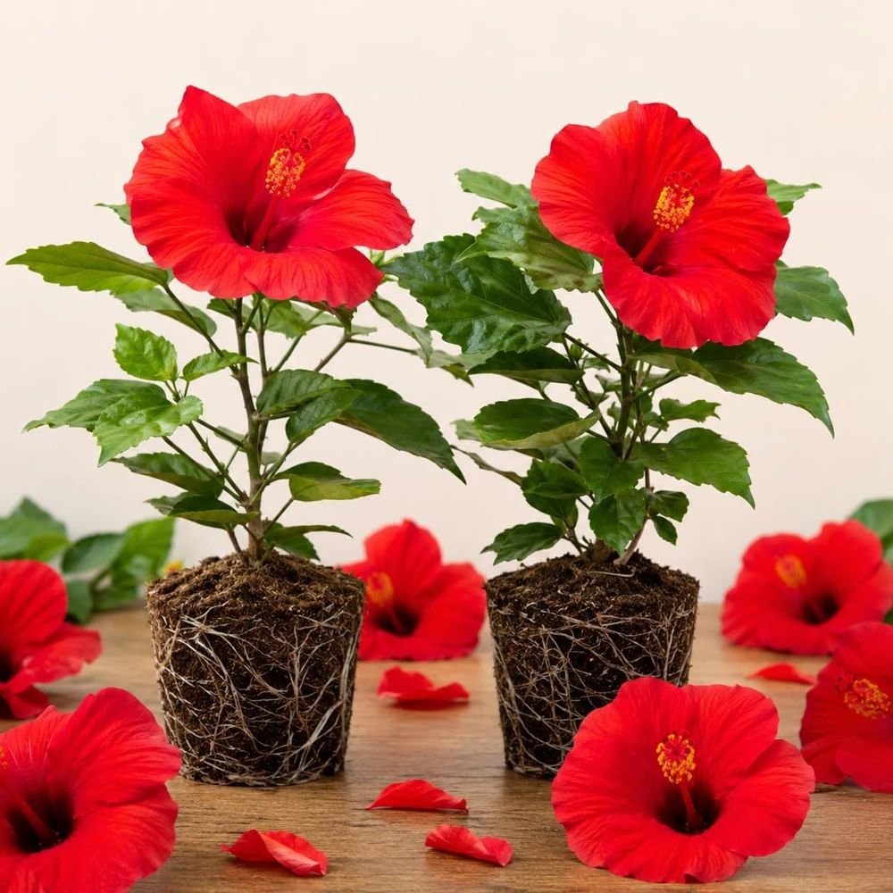 Set of 2 Red Hibiscus Live Plants, Hardy Flowering Tropical Shrub, 4-8 Inch Tall - Image 1