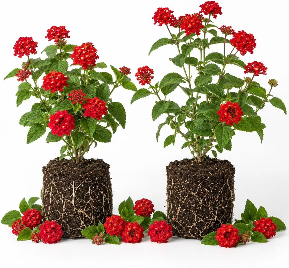 Set of 2 Red Lantana Live Plants, Bicolor Flowering, 4-7 Inch Tall Outdoor Garden Starter Plants - Image 1