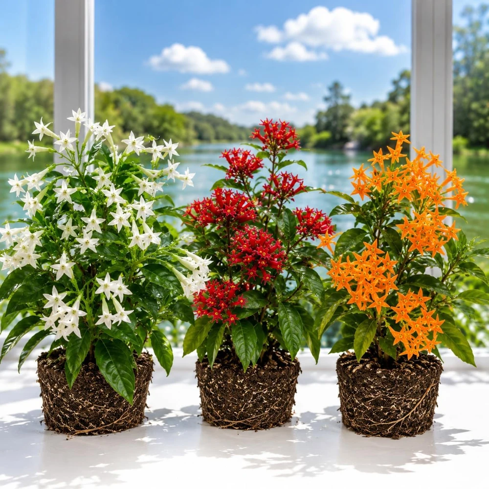 Set of 3 Jasmine Plants Live - White, Red, Orange Blooming Tropical Tree, 4-8 Inch Tall - Image 1