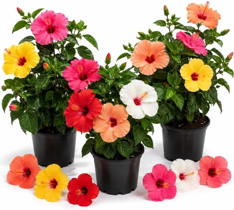 Set of 3 Mixed Hardy Hibiscus Live Plants, 4-7 Inches Tall, Rooted Shrubs, Outdoor - Image 1