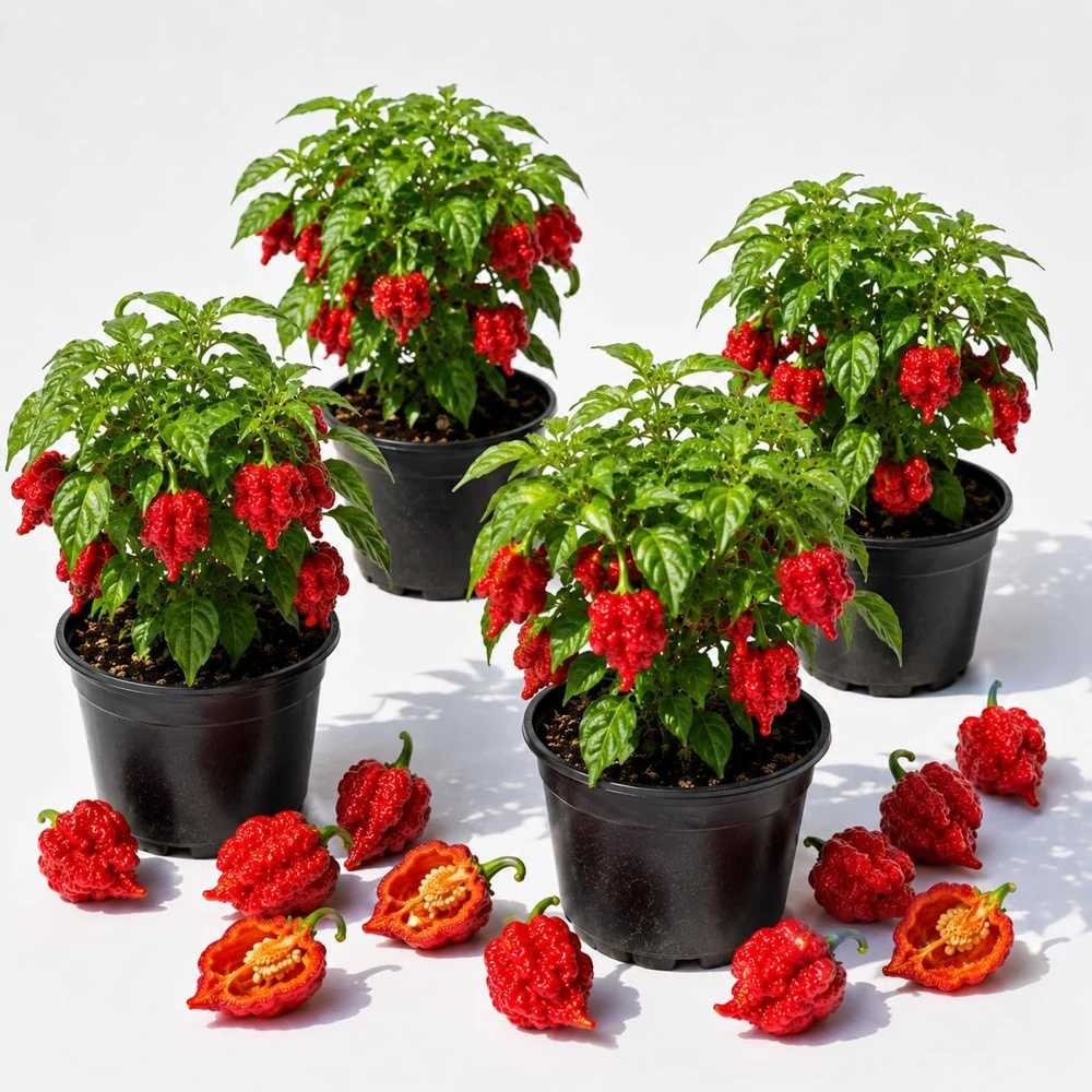 Set of 4 Carolina Reaper Pepper Plants Live - Hot Chili Peppers, 4-6 Inch Tall - Image 1