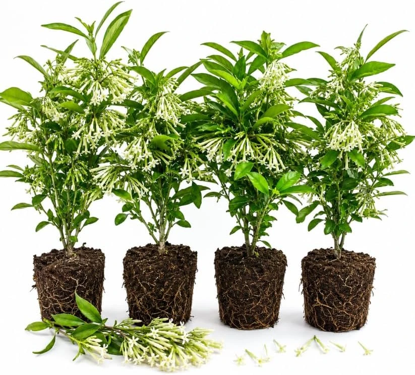 Set of 4 Night Blooming Jasmine Live Plants, 4-6 Inches Tall, White Fragrant Jessamine, Indoor/Outdoor - Image 1