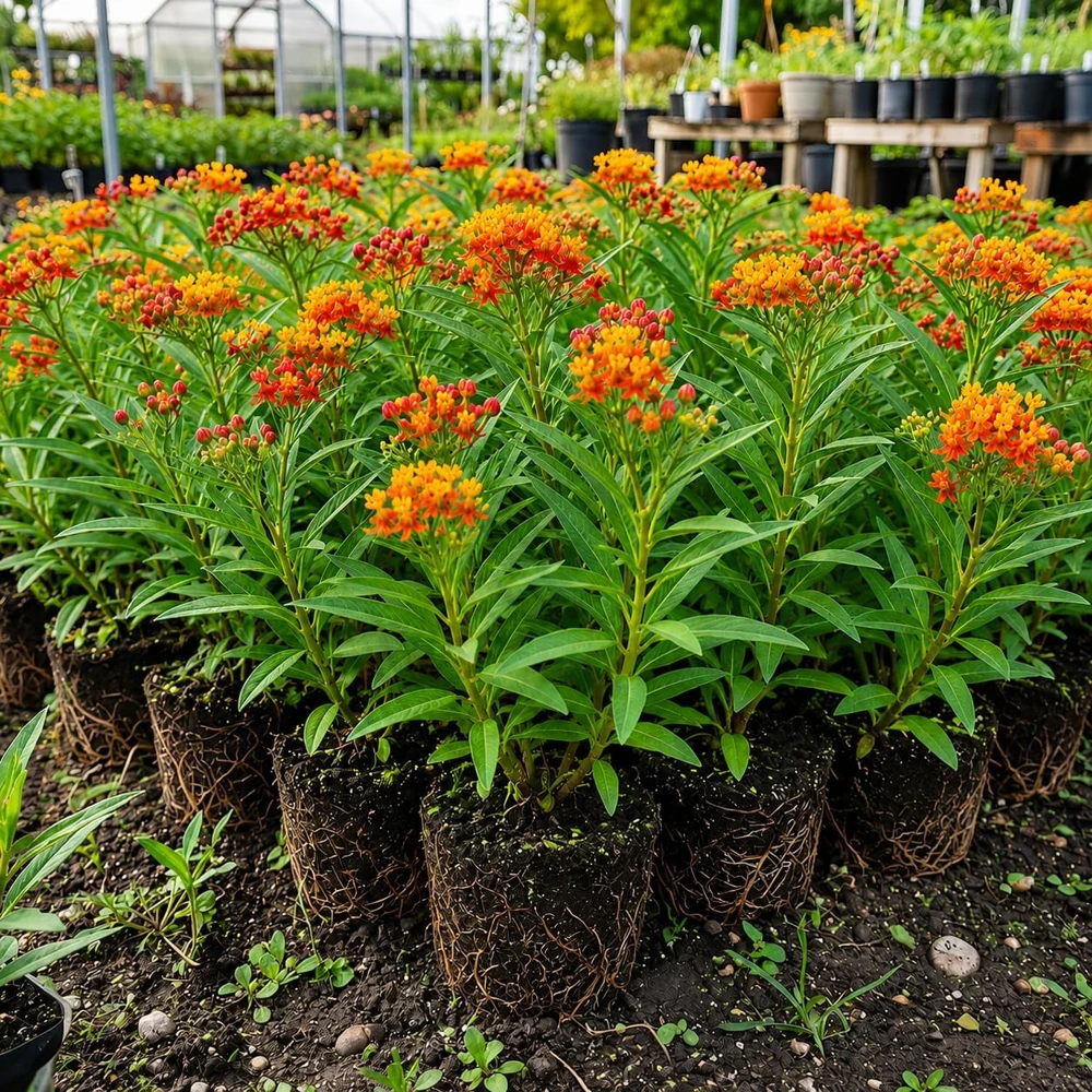 Tropical Milkweed Live Plants 4-Pack, Asclepias Orange Red Flower, 4-8 Inch Tall - Image 1