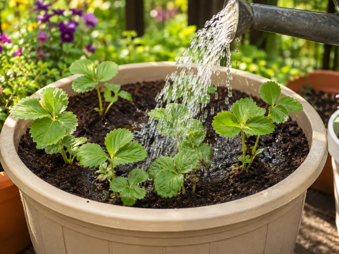 watering Everbearing Strawberries in Containers