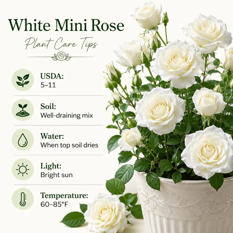 Miniature White Rose Live Plant - 4 Inch Pot, 4-6 Inches Tall, Compact Shrub for Containers & Gardens - Image 4