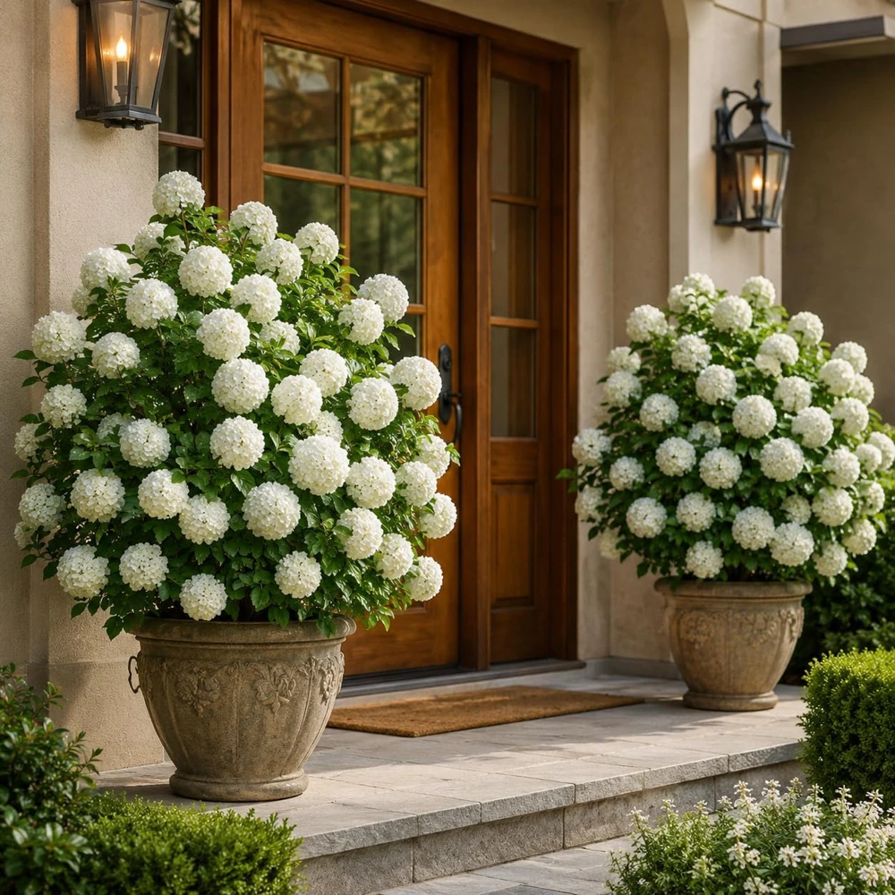 Set of 2 Snowball Viburnum Bush Live Starter Plants, 6-10 Inch Tall, 2.5 Inch Pot, White Blooms - Image 1