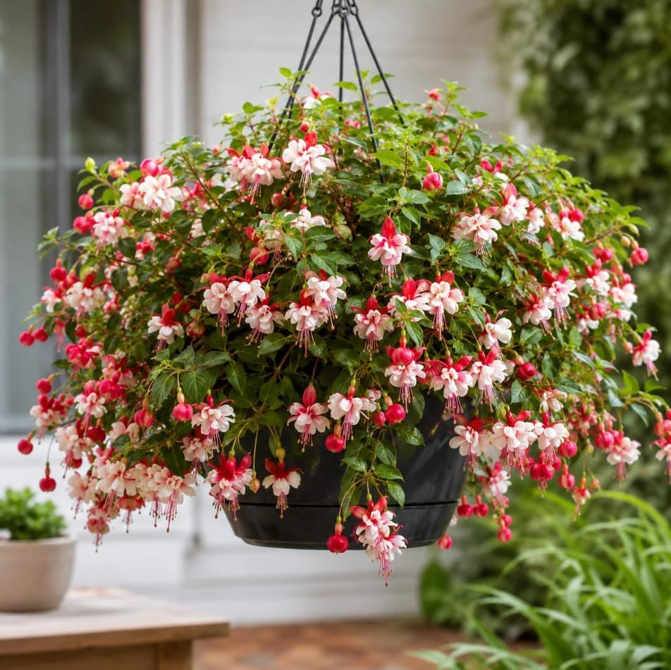 Swingtime Fuchsia Live Plant – Red & White Flowers – 4-6 inch Tall – 6 Inch Pot – Outdoor - Image 1